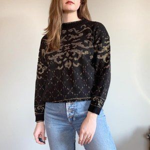 Arielle vintage 80s black knit mockneck sweater gold glitter acrylic size large
